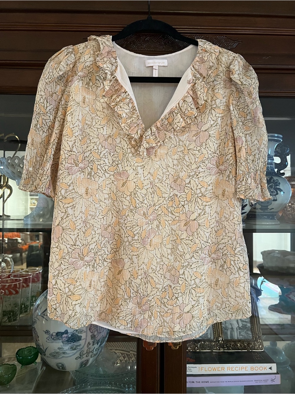 Rebecca Taylor Floral Ruffle V-Neck Blouse in Cream and Pink
